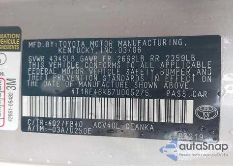 2007 Toyota Camry Le из США, поврежденный, VIN 4T1BE46K67U005275